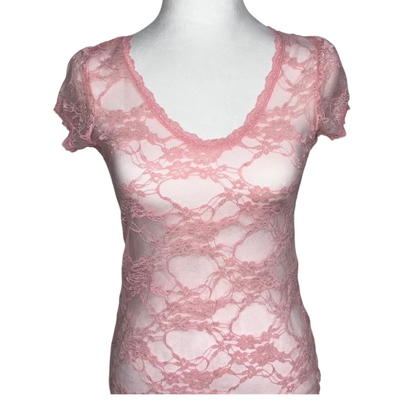 Bonzolo Tops - Y2K Pink Sheer Lace Top Coquette Fairy Grunge